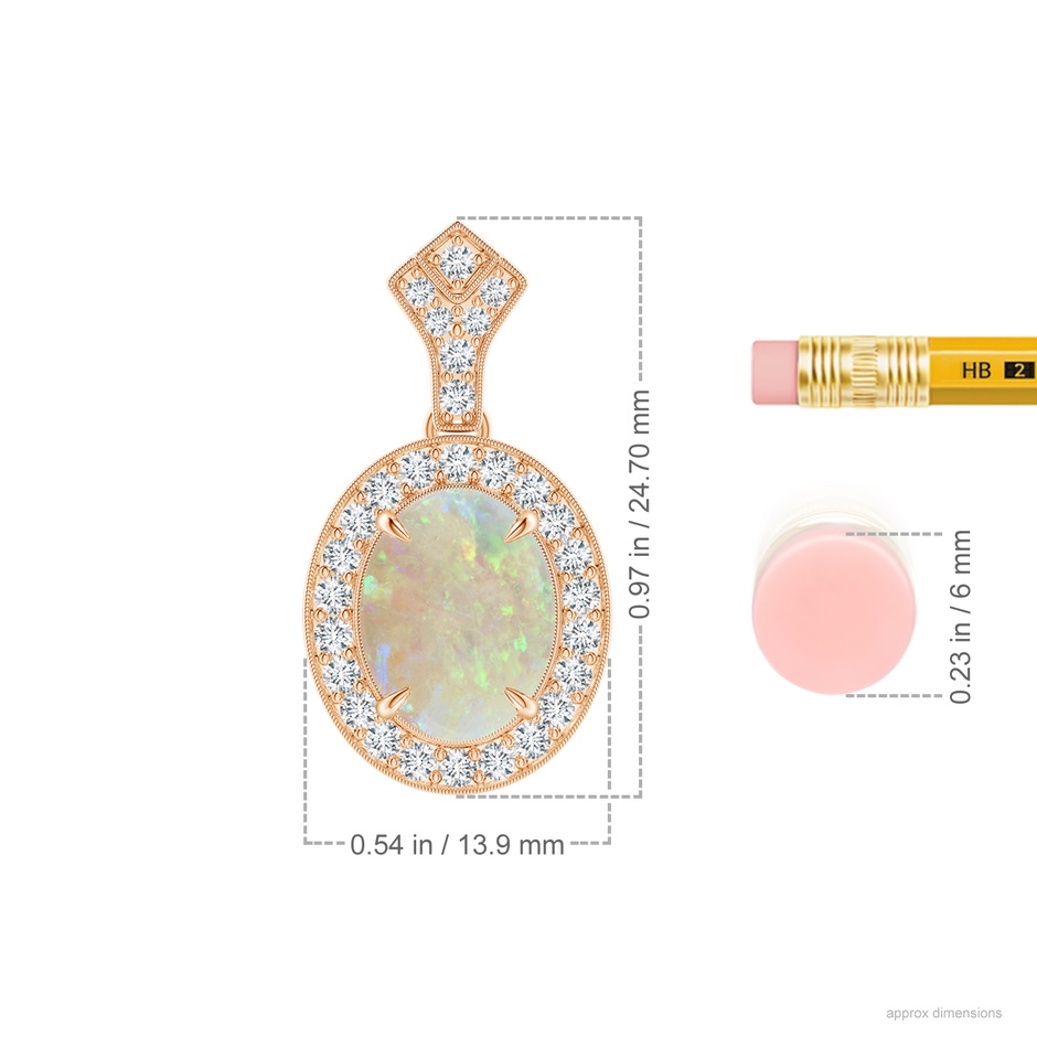 10x8mm AAA Milgrain-Edged Oval Opal and Diamond Halo Pendant in Rose Gold ruler