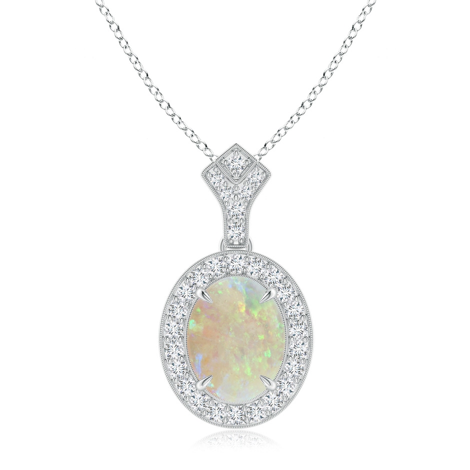 10x8mm AAA Milgrain-Edged Oval Opal and Diamond Halo Pendant in White Gold 