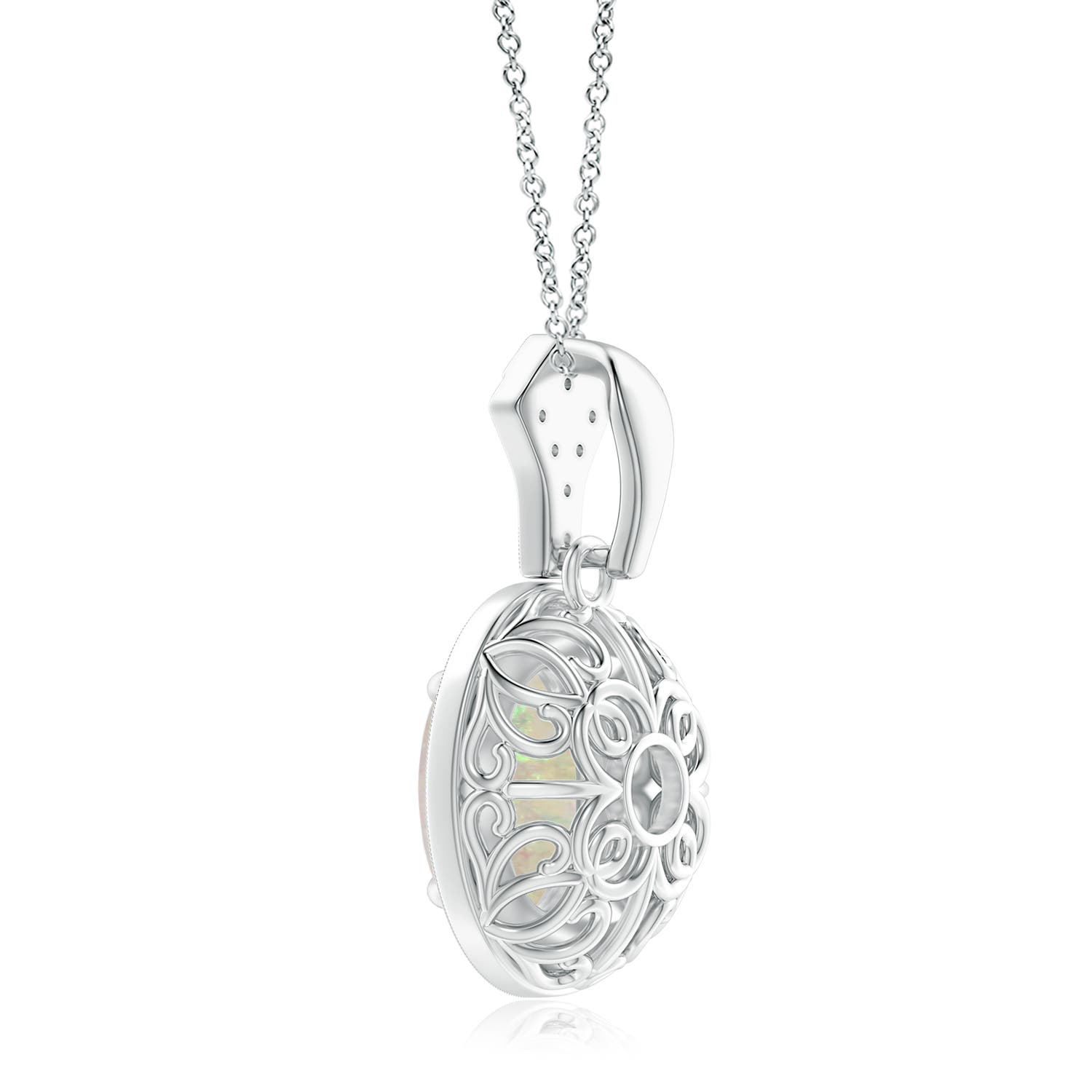 10x8mm AAA Milgrain-Edged Oval Opal and Diamond Halo Pendant in White Gold