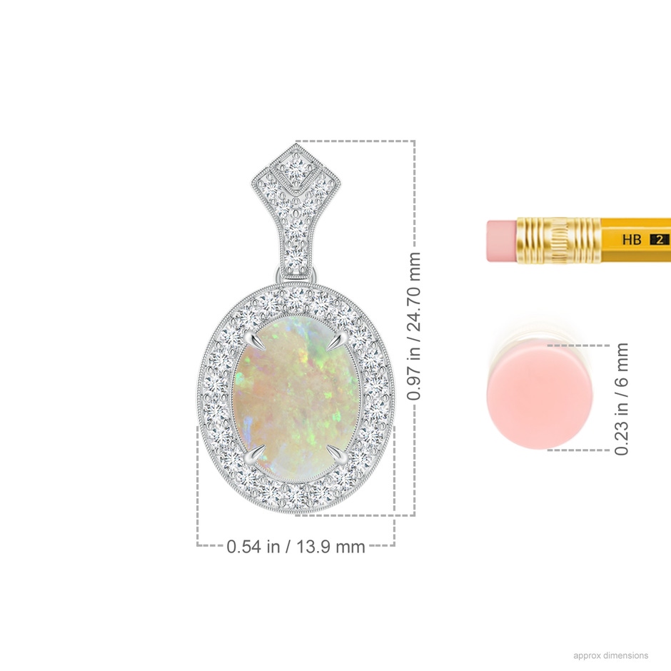 10x8mm AAA Milgrain-Edged Oval Opal and Diamond Halo Pendant in White Gold ruler