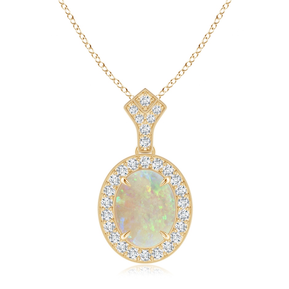 10x8mm AAA Milgrain-Edged Oval Opal and Diamond Halo Pendant in Yellow Gold 