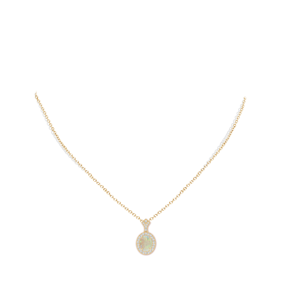 10x8mm AAA Milgrain-Edged Oval Opal and Diamond Halo Pendant in Yellow Gold pen