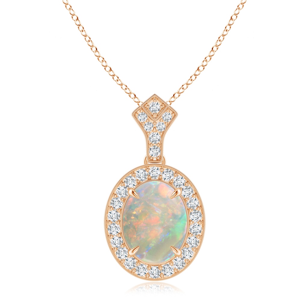 10x8mm AAAA Milgrain-Edged Oval Opal and Diamond Halo Pendant in Rose Gold