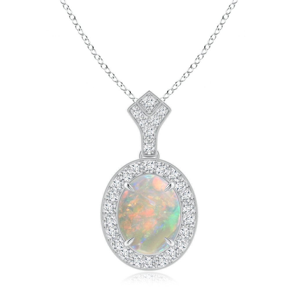 10x8mm AAAA Milgrain-Edged Oval Opal and Diamond Halo Pendant in White Gold