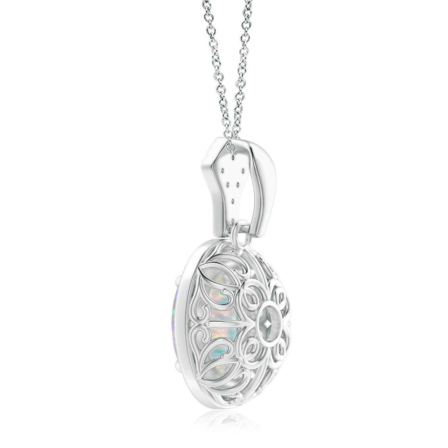 10x8mm AAAA Milgrain-Edged Oval Opal and Diamond Halo Pendant in White Gold