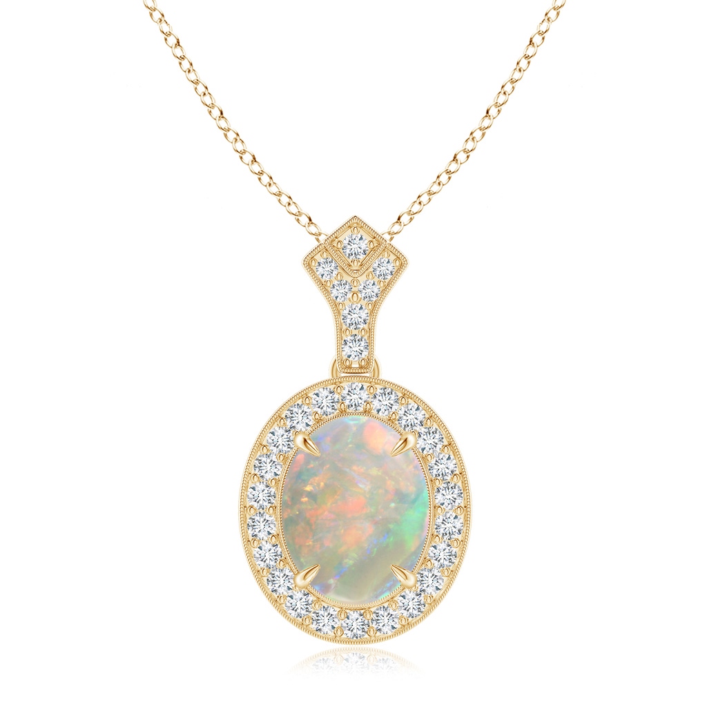 10x8mm AAAA Milgrain-Edged Oval Opal and Diamond Halo Pendant in Yellow Gold