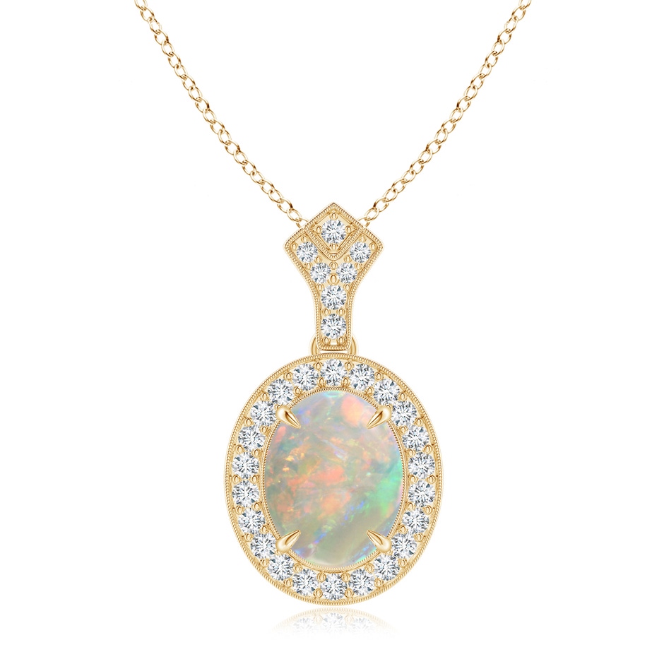 10x8mm AAAA Milgrain-Edged Oval Opal and Diamond Halo Pendant in Yellow Gold 