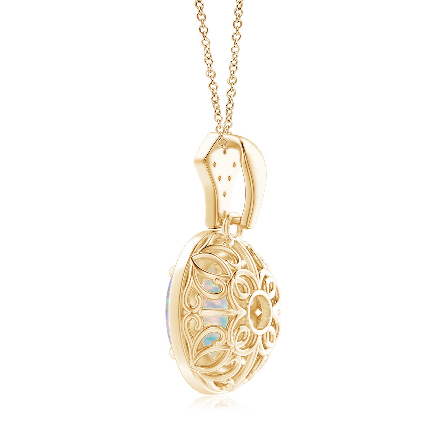 10x8mm AAAA Milgrain-Edged Oval Opal and Diamond Halo Pendant in Yellow Gold - side 2