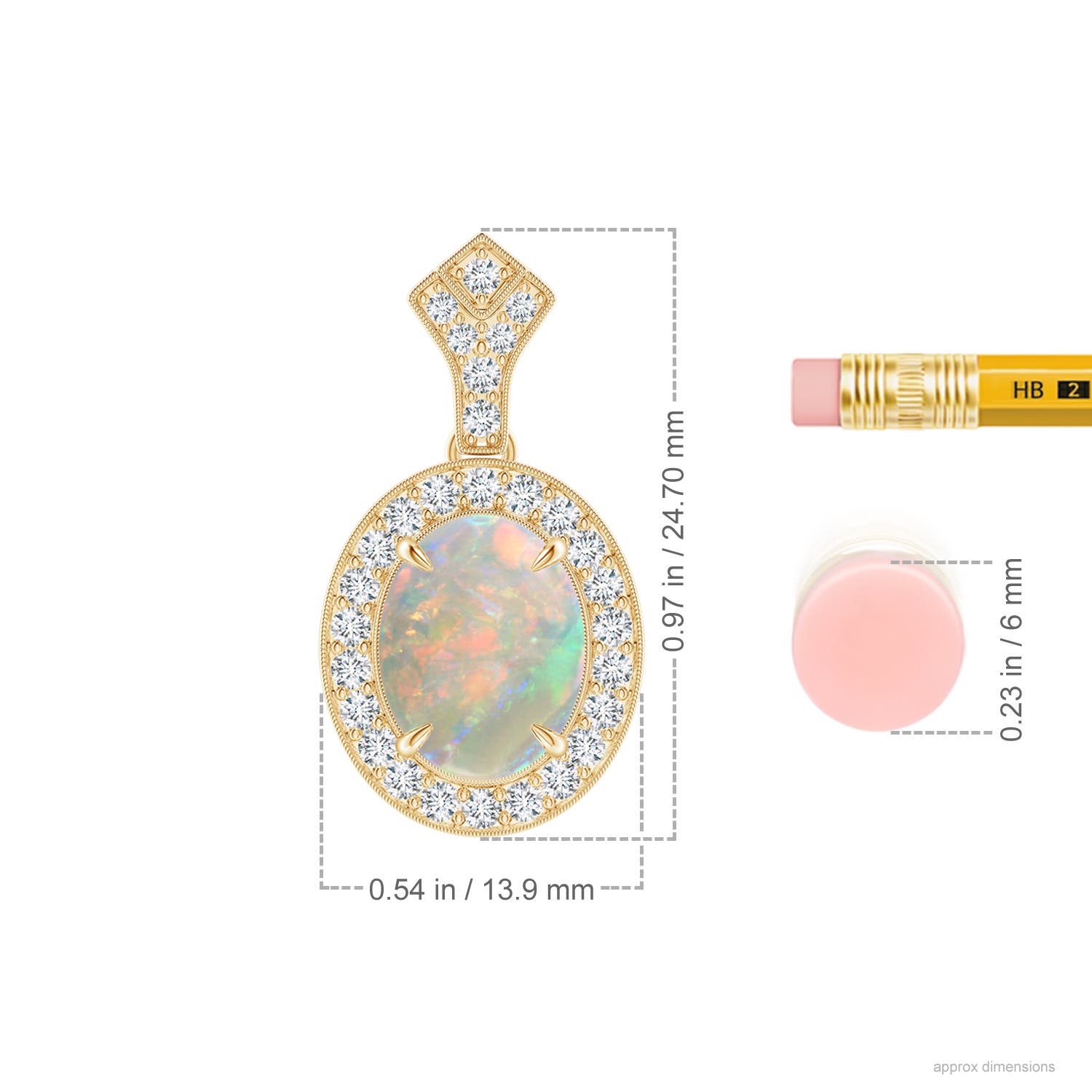 10x8mm AAAA Milgrain-Edged Oval Opal and Diamond Halo Pendant in Yellow Gold - ruler