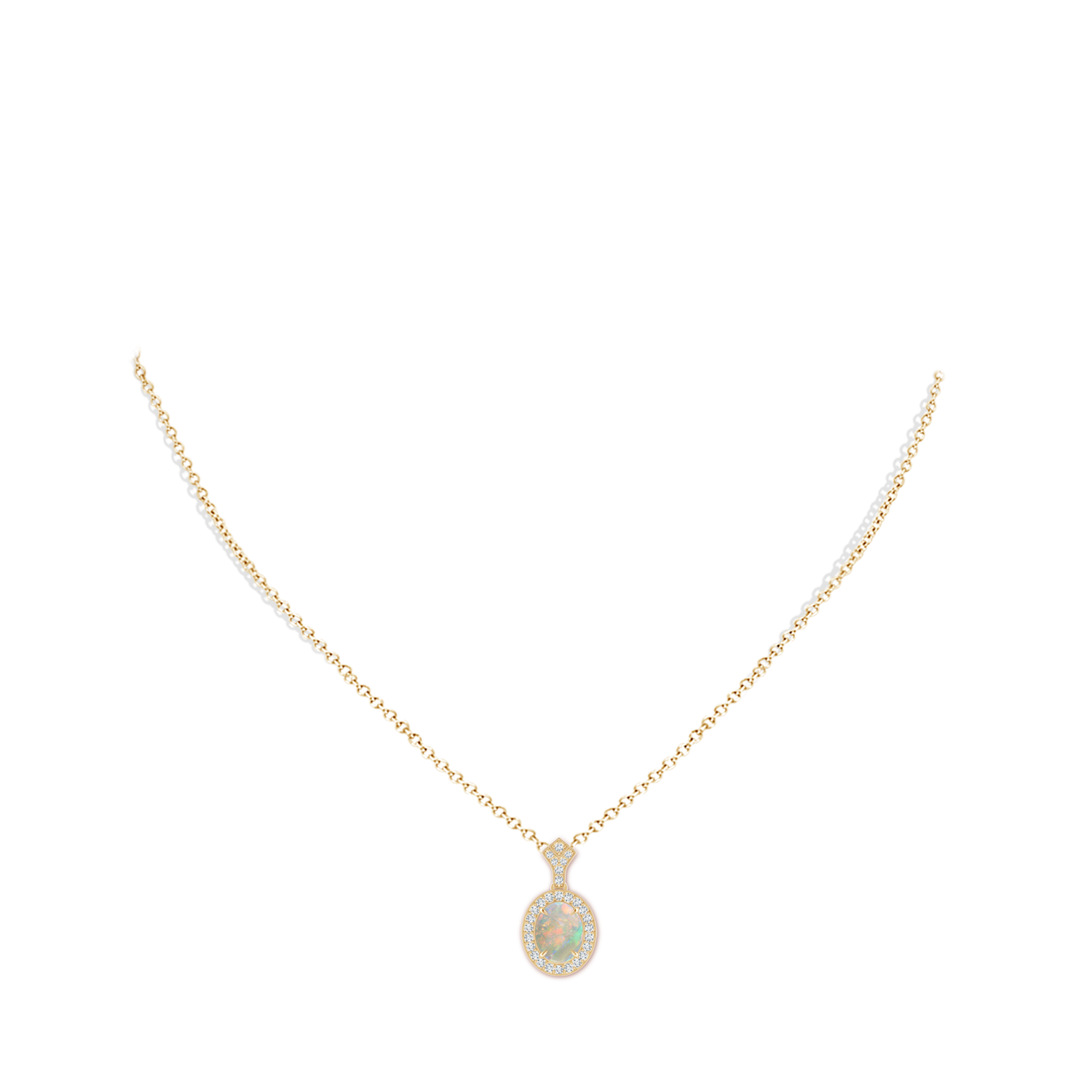 10x8mm AAAA Milgrain-Edged Oval Opal and Diamond Halo Pendant in Yellow Gold - body_neck