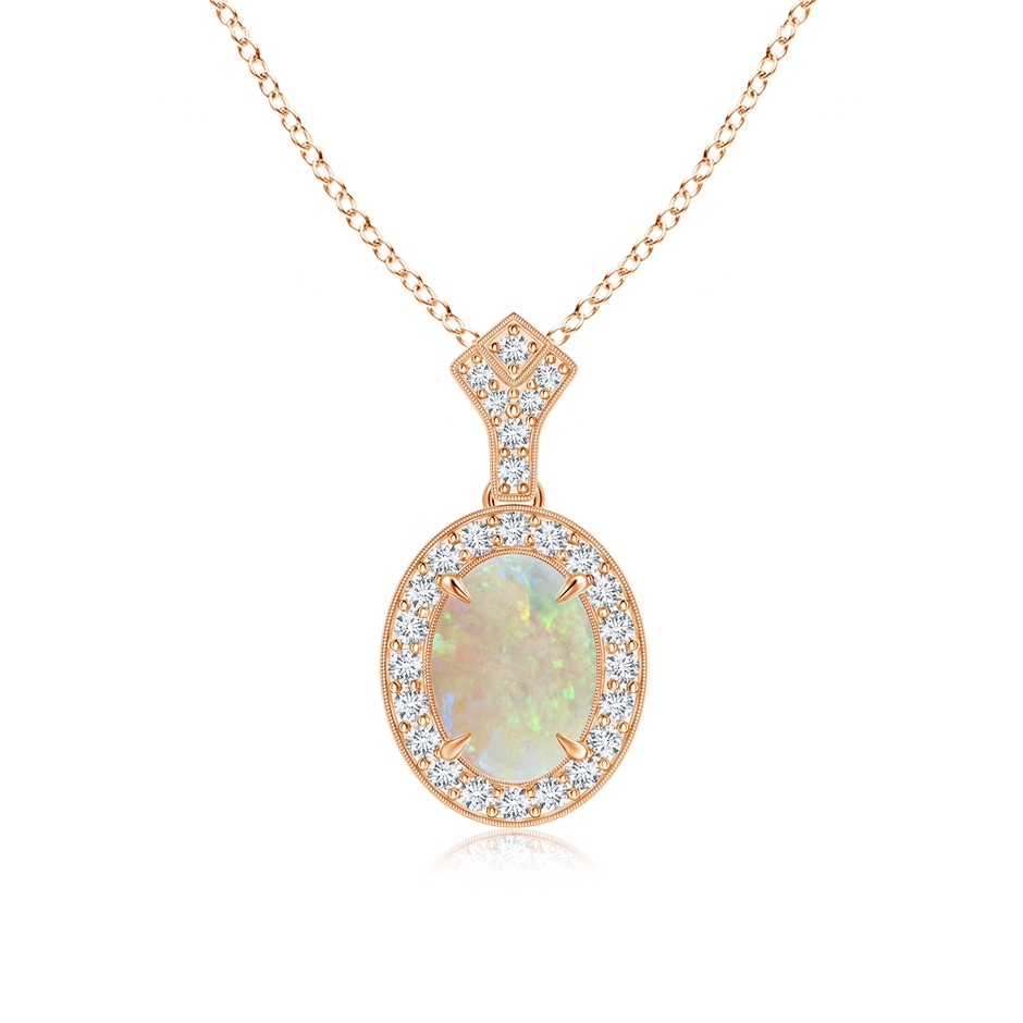8x6mm AAA Milgrain-Edged Oval Opal and Diamond Halo Pendant in 9K Rose Gold 