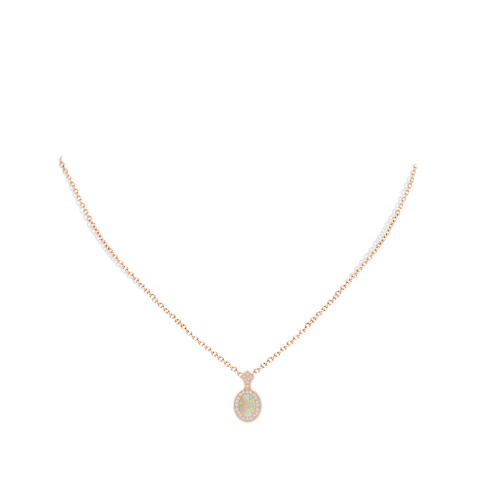 8x6mm AAA Milgrain-Edged Oval Opal and Diamond Halo Pendant in 9K Rose Gold pen
