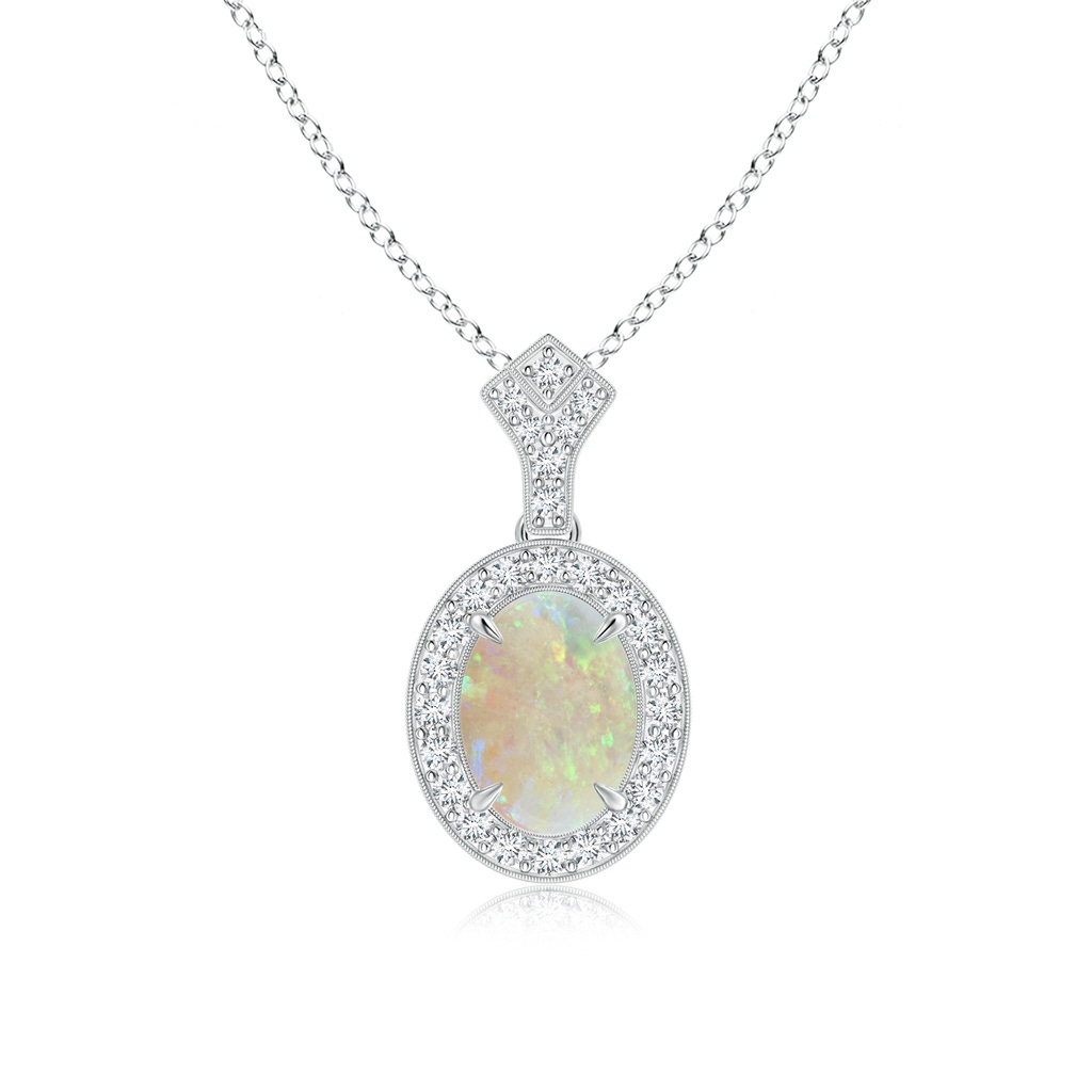 8x6mm AAA Milgrain-Edged Oval Opal and Diamond Halo Pendant in White Gold