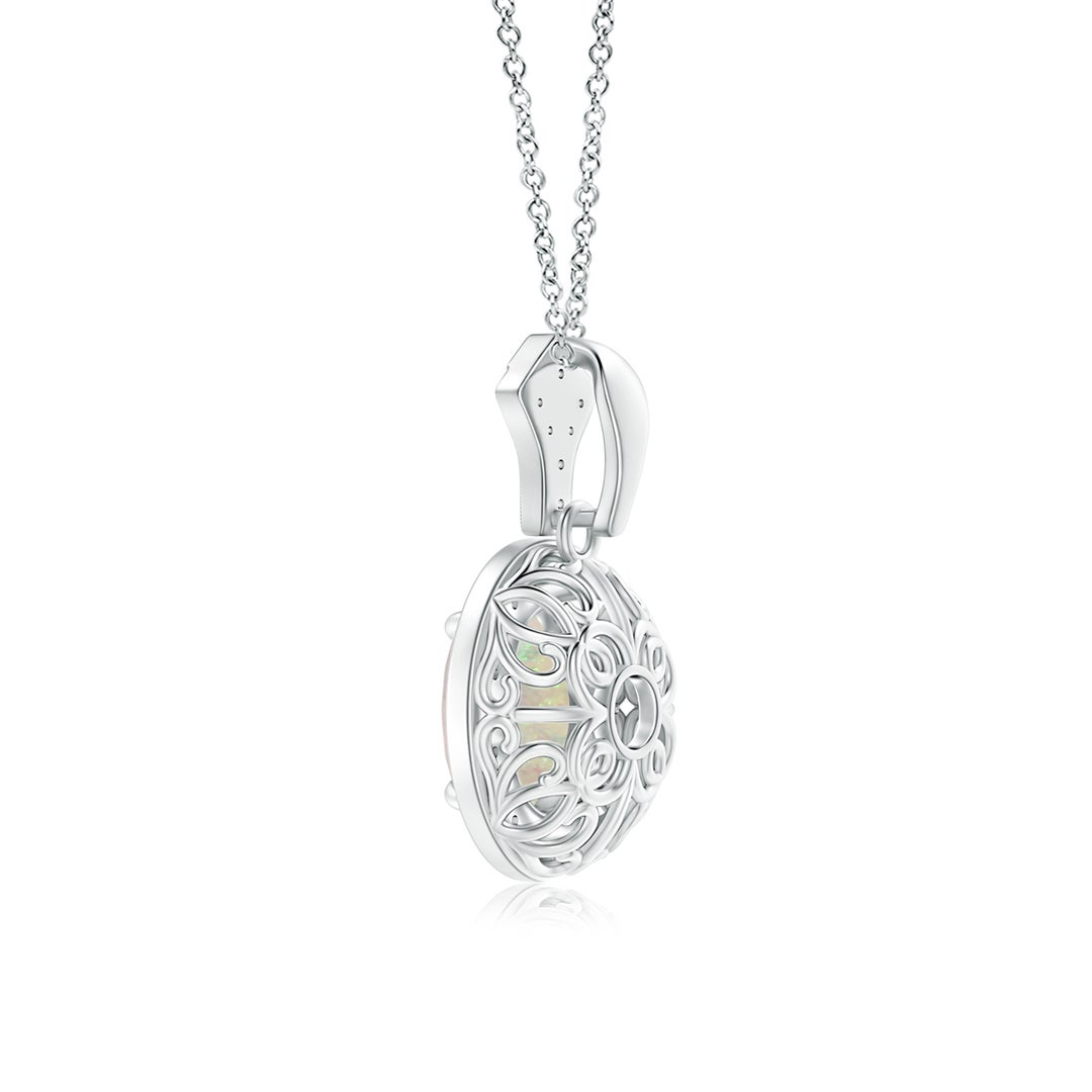 8x6mm AAA Milgrain-Edged Oval Opal and Diamond Halo Pendant in White Gold - side 2