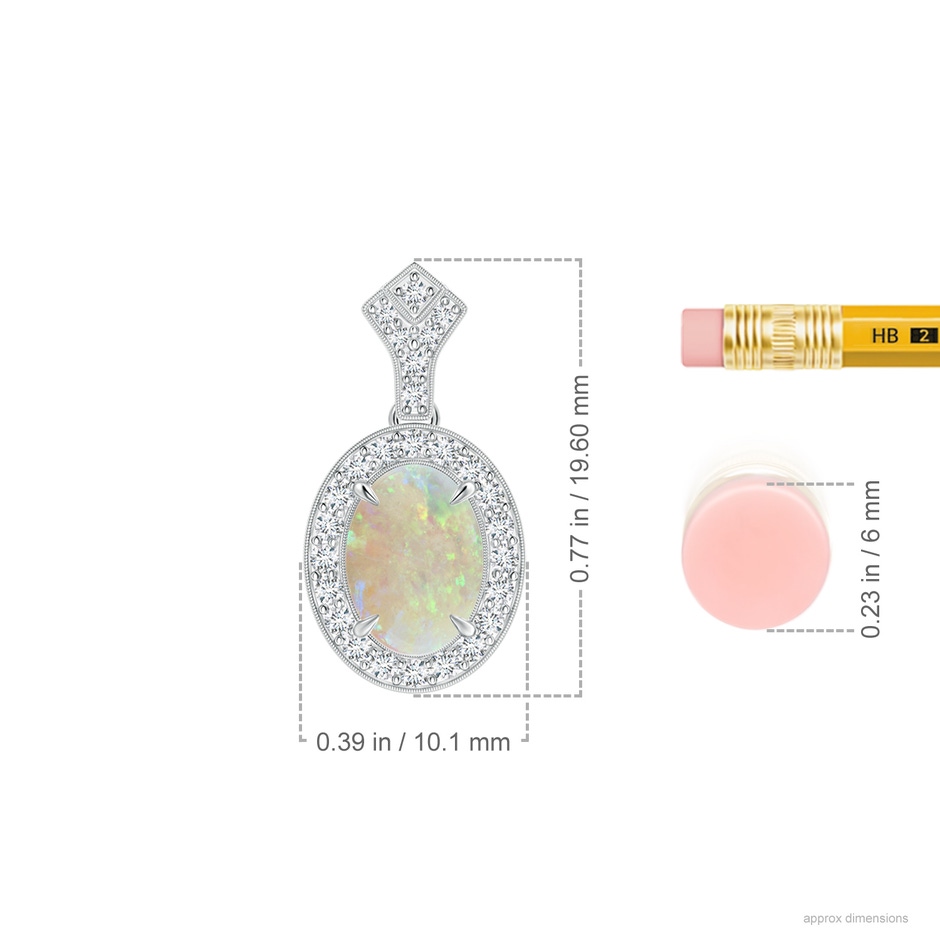 8x6mm AAA Milgrain-Edged Oval Opal and Diamond Halo Pendant in White Gold ruler