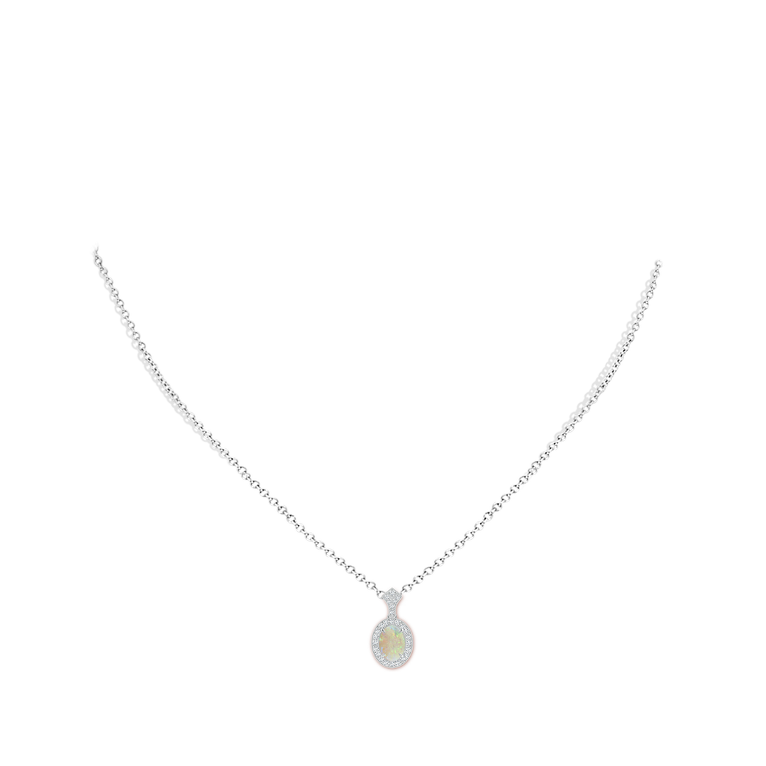 8x6mm AAA Milgrain-Edged Oval Opal and Diamond Halo Pendant in White Gold - body_neck