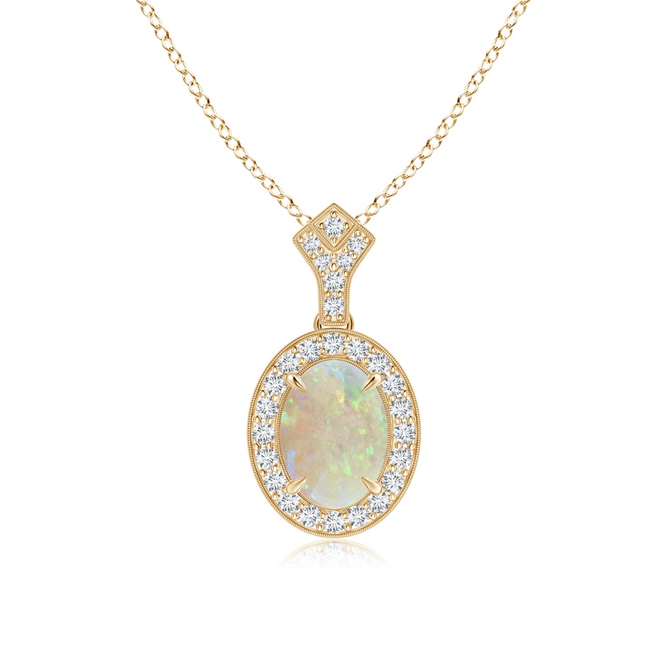 8x6mm AAA Milgrain-Edged Oval Opal and Diamond Halo Pendant in Yellow Gold 