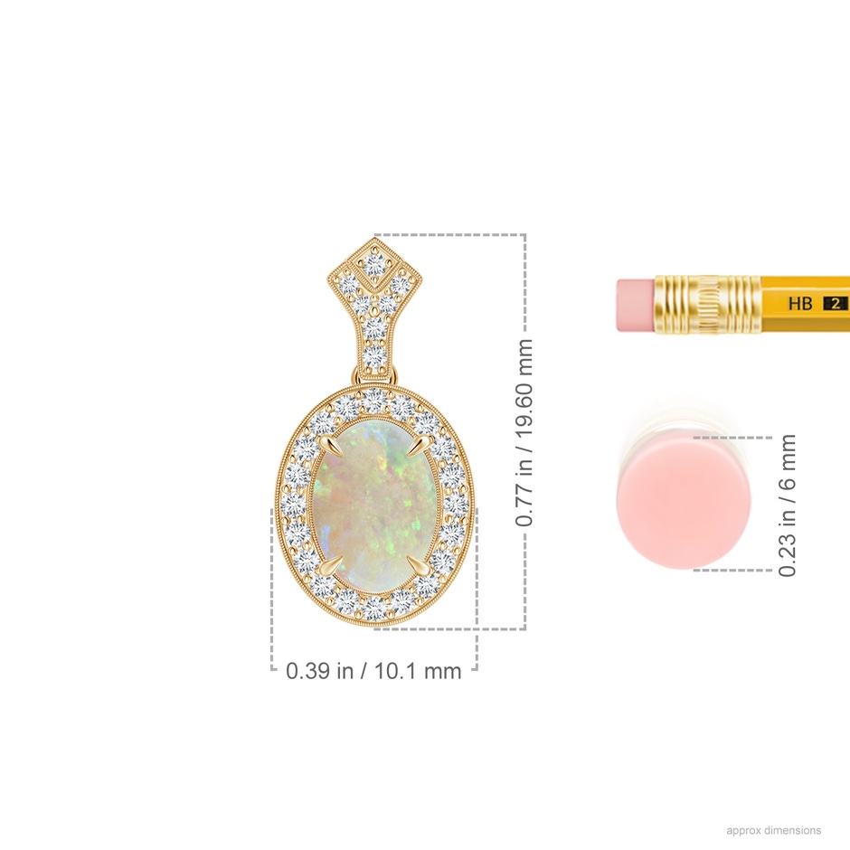 8x6mm AAA Milgrain-Edged Oval Opal and Diamond Halo Pendant in Yellow Gold ruler