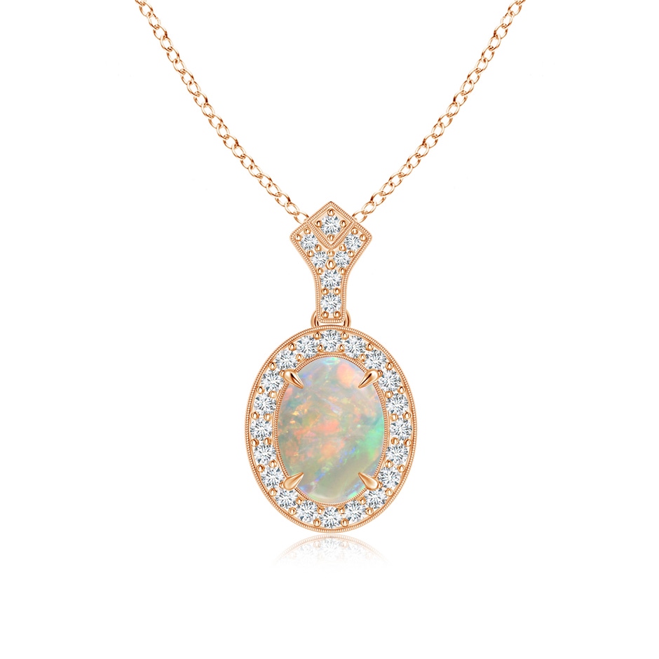8x6mm AAAA Milgrain-Edged Oval Opal and Diamond Halo Pendant in Rose Gold 