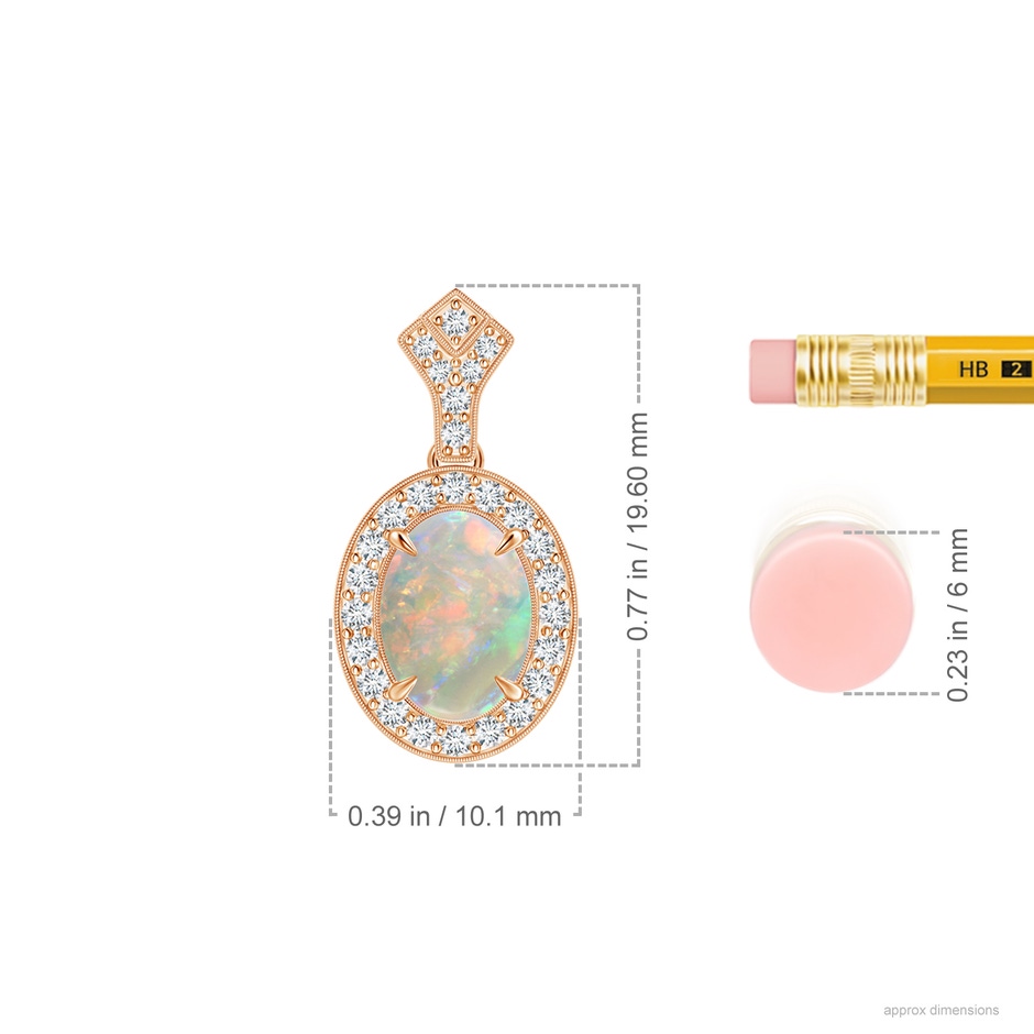 8x6mm AAAA Milgrain-Edged Oval Opal and Diamond Halo Pendant in Rose Gold ruler