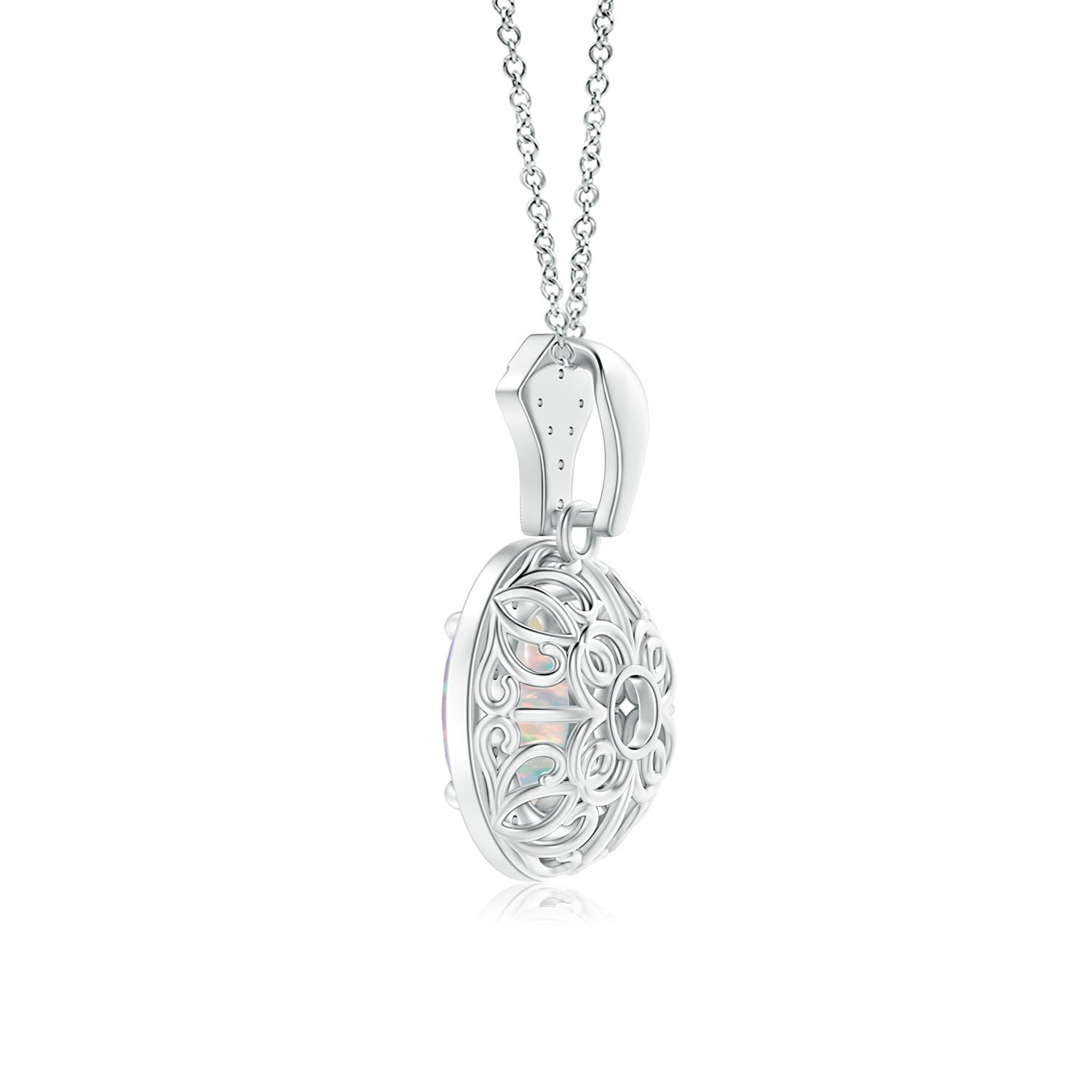 8x6mm AAAA Milgrain-Edged Oval Opal and Diamond Halo Pendant in White Gold