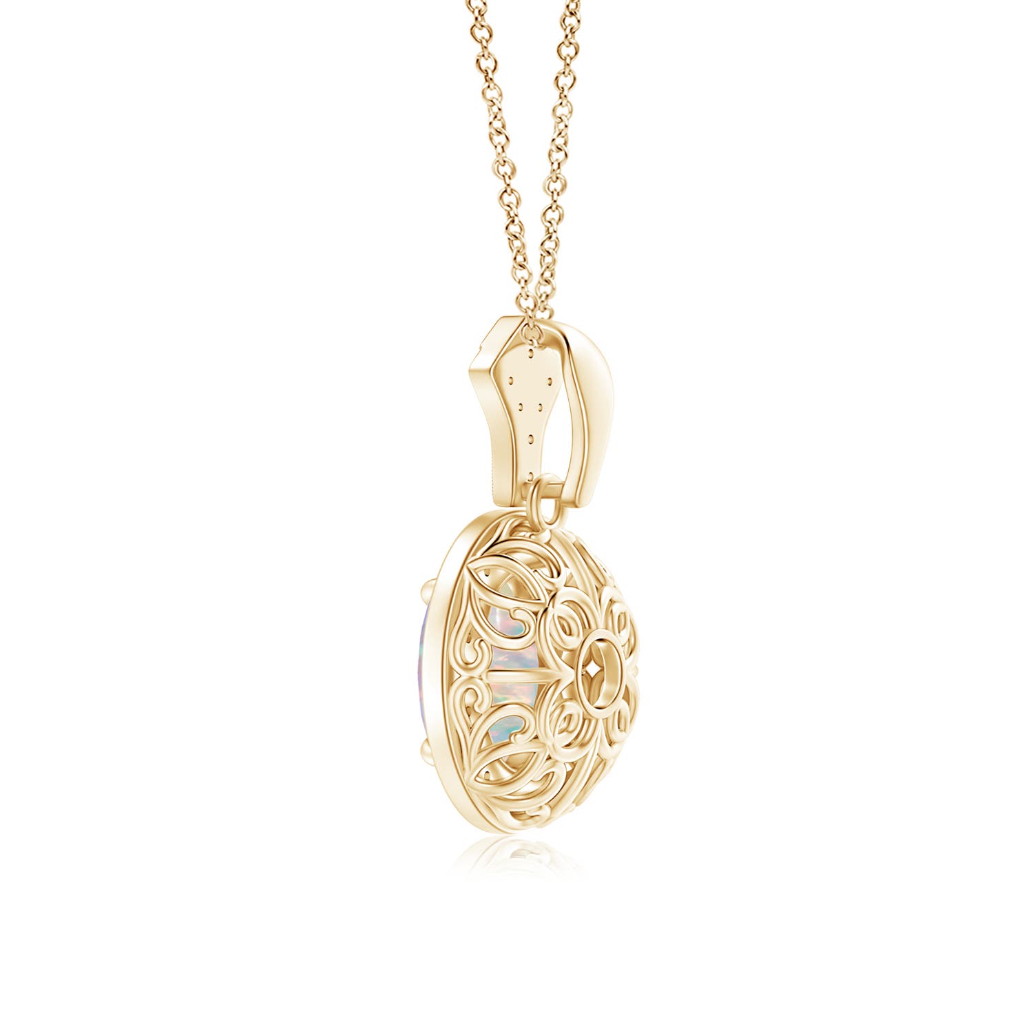8x6mm AAAA Milgrain-Edged Oval Opal and Diamond Halo Pendant in Yellow Gold
