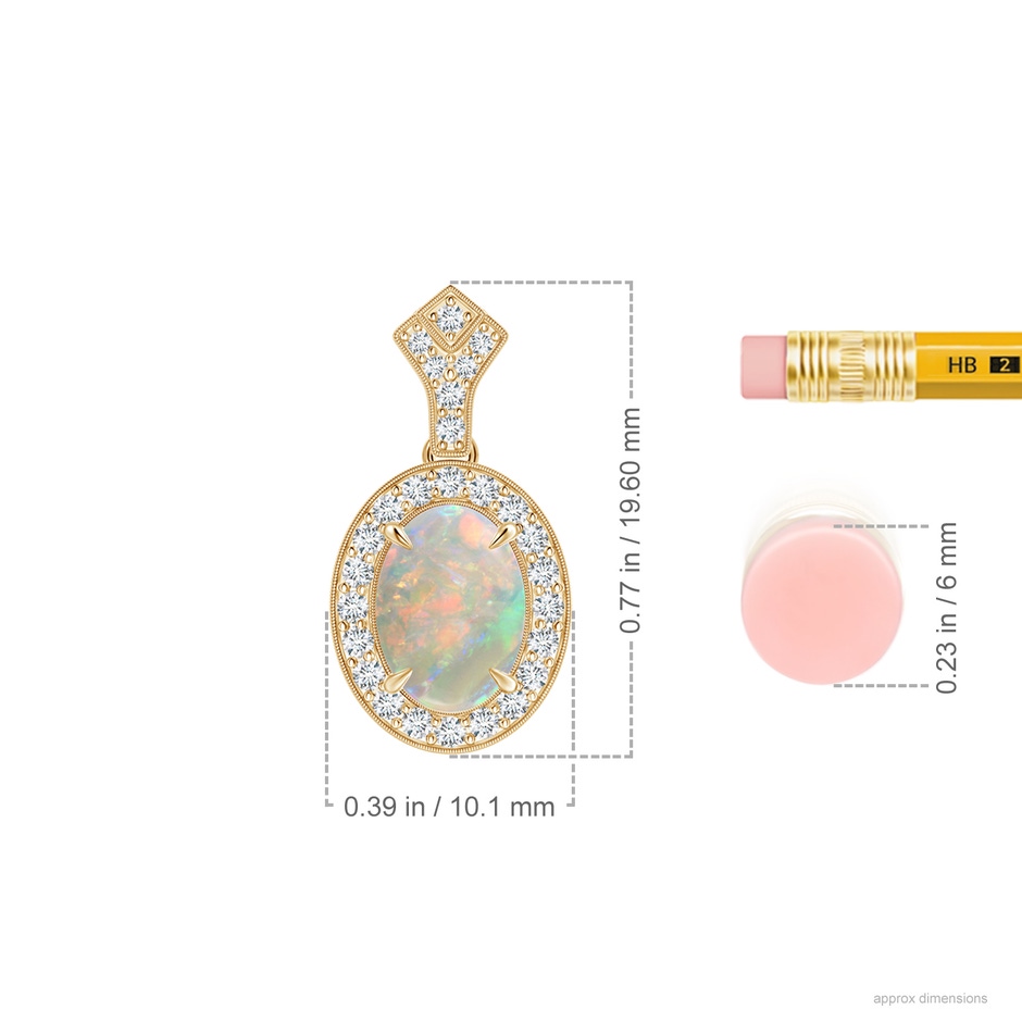 8x6mm AAAA Milgrain-Edged Oval Opal and Diamond Halo Pendant in Yellow Gold ruler