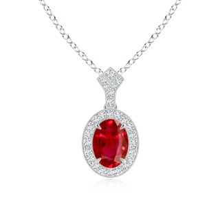 8x6mm AAA Milgrain-Edged Oval Ruby and Diamond Halo Pendant in P950 Platinum