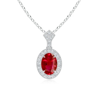 8x6mm AAA Milgrain-Edged Oval Ruby and Diamond Halo Pendant in White Gold