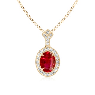 8x6mm AAA Milgrain-Edged Oval Ruby and Diamond Halo Pendant in Yellow Gold