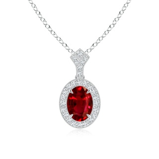 8x6mm AAAA Milgrain-Edged Oval Ruby and Diamond Halo Pendant in White Gold