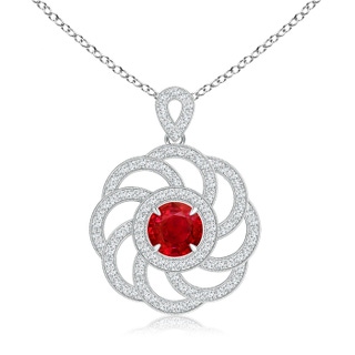 6mm AAA Claw-Set Ruby and Diamond Halo Pendant with Scrollwork in White Gold