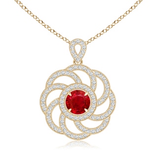 6mm AAA Claw-Set Ruby and Diamond Halo Pendant with Scrollwork in Yellow Gold