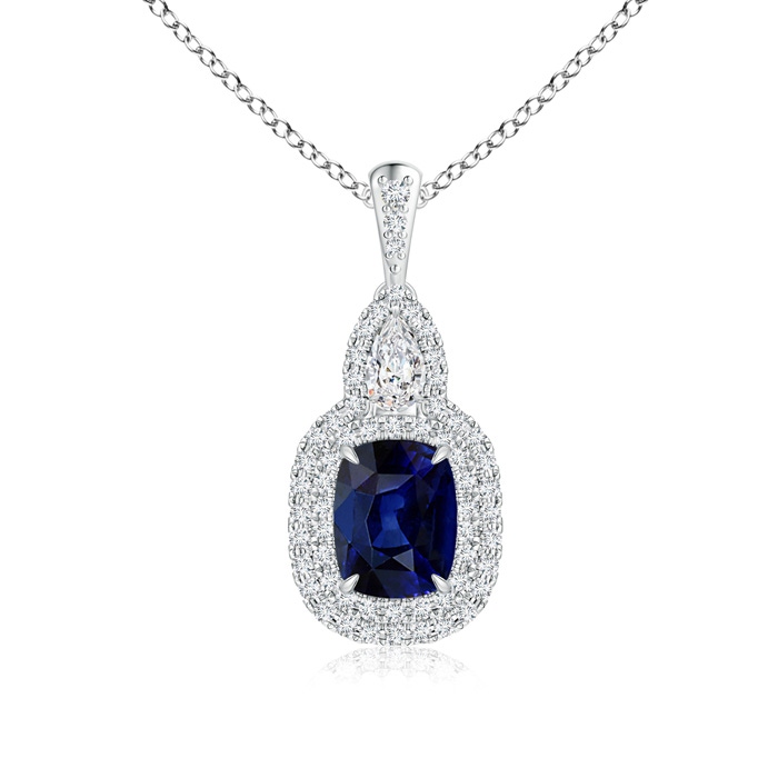 8x6mm AAA Claw-Set Cushion Sapphire Halo Pendant with Diamond Accents in White Gold
