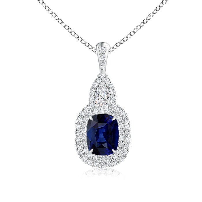 8x6mm AAA Claw-Set Cushion Sapphire Halo Pendant with Diamond Accents in White Gold 