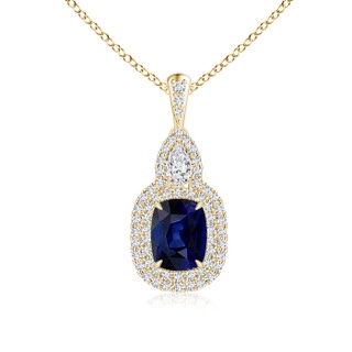 8x6mm AAA Claw-Set Cushion Sapphire Halo Pendant with Diamond Accents in Yellow Gold