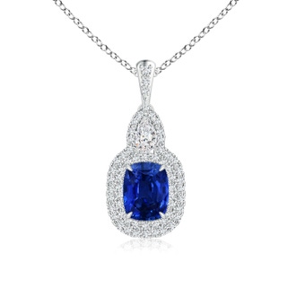 8x6mm AAAA Claw-Set Cushion Sapphire Halo Pendant with Diamond Accents in 18K White Gold