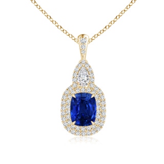 8x6mm AAAA Claw-Set Cushion Sapphire Halo Pendant with Diamond Accents in Yellow Gold