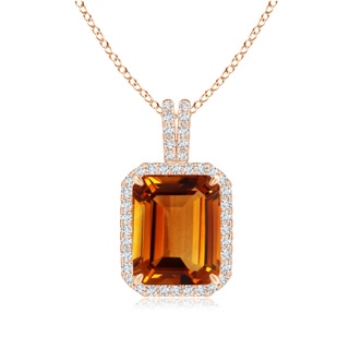 12.09x9.06x5.93mm AAAA GIA Certified Emerald-Cut CItrine Halo Pendant with Diamond Accents in 9K Rose Gold