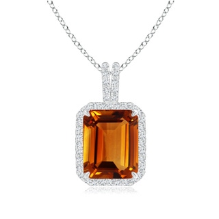 12.09x9.06x5.93mm AAAA GIA Certified Emerald-Cut CItrine Halo Pendant with Diamond Accents in White Gold