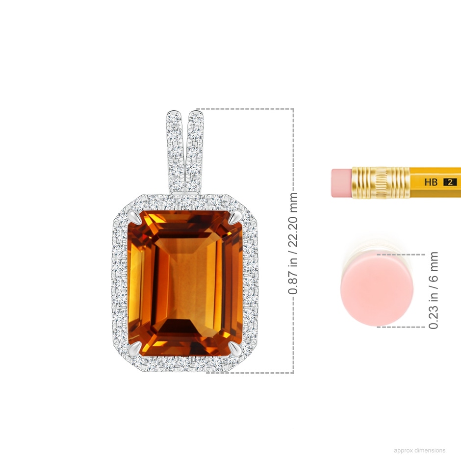 12.09x9.06x5.93mm AAAA GIA Certified Emerald-Cut CItrine Halo Pendant with Diamond Accents in White Gold ruler