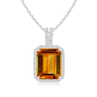 12.14x9.12x5.42mm AAAA GIA Certified Emerald-Cut CItrine Halo Pendant with Diamond Accents in 18K White Gold