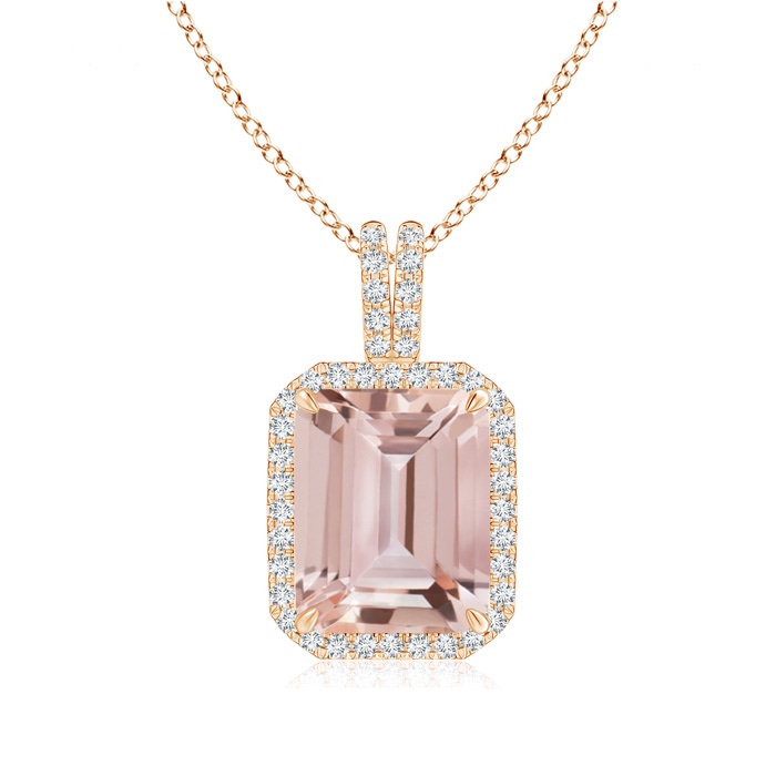 10x8mm AAA Emerald-Cut Morganite Halo Pendant with Diamond Accents in Rose Gold