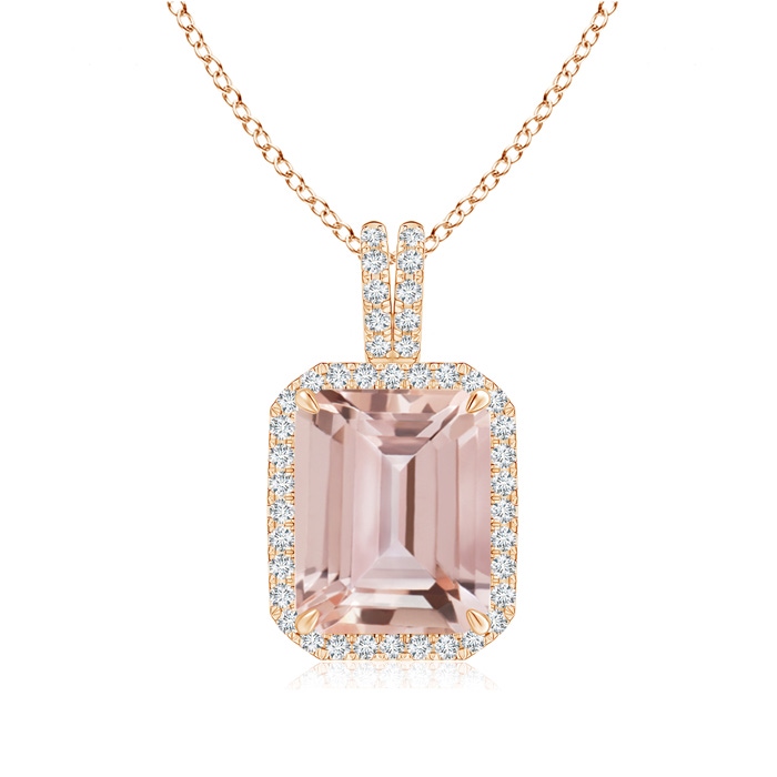 10x8mm AAA Emerald-Cut Morganite Halo Pendant with Diamond Accents in Rose Gold 