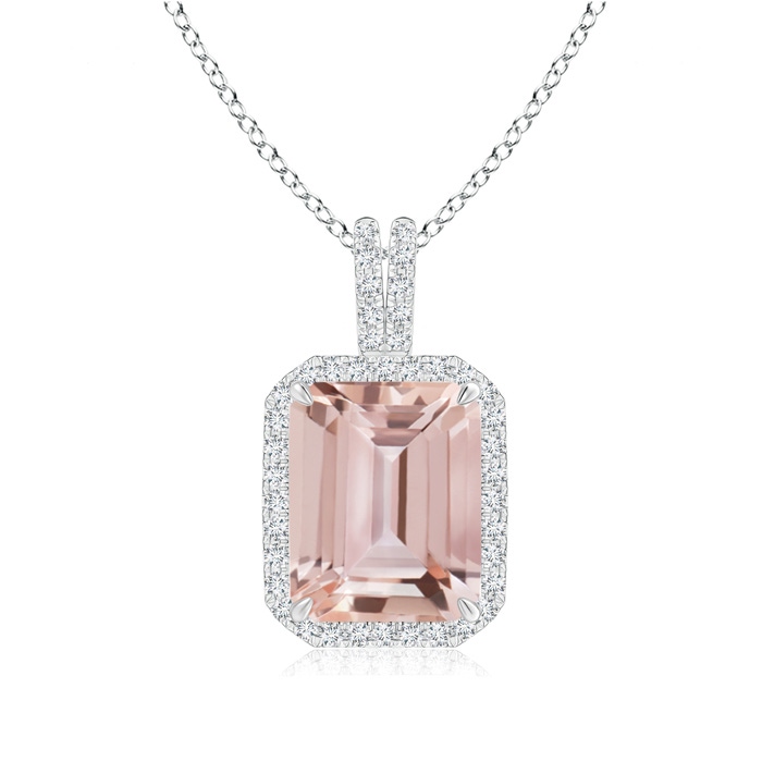 10x8mm AAA Emerald-Cut Morganite Halo Pendant with Diamond Accents in White Gold