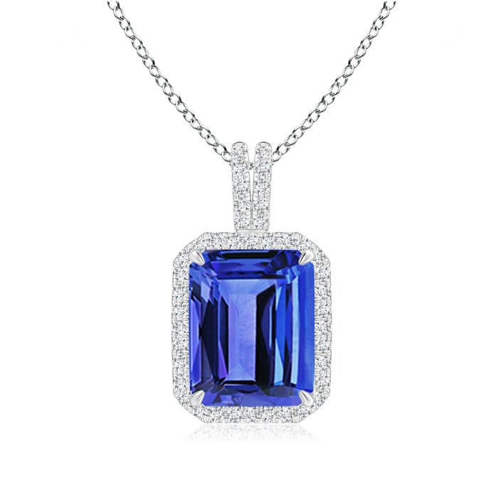 10x8mm AAA Emerald-Cut Tanzanite Halo Pendant with Diamond Accents in White Gold