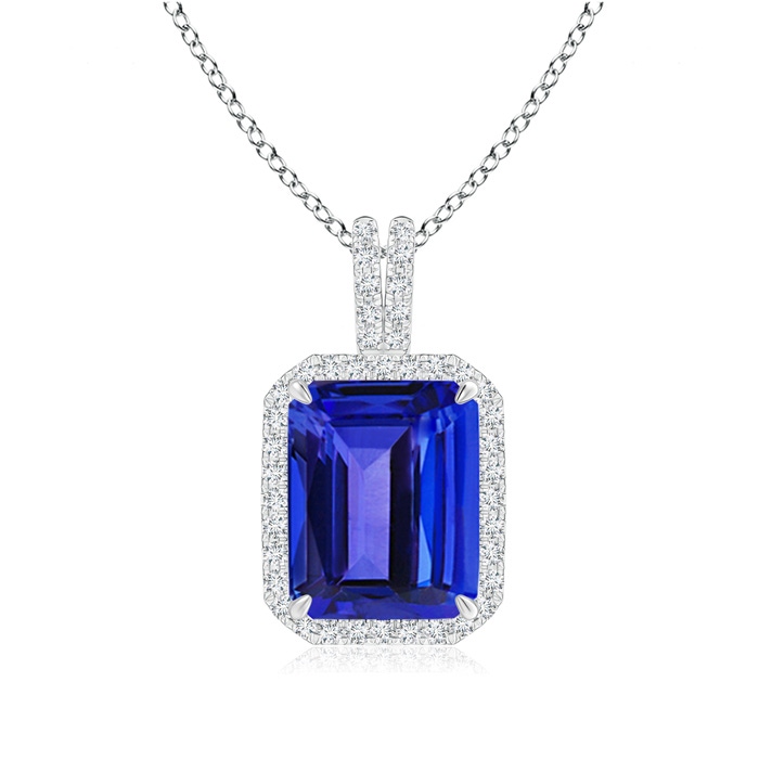 10x8mm AAAA Emerald-Cut Tanzanite Halo Pendant with Diamond Accents in White Gold 
