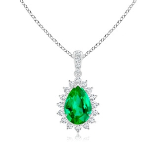 9x6mm AAA Claw-Set Pear Emerald and Diamond Floral Pendant in White Gold
