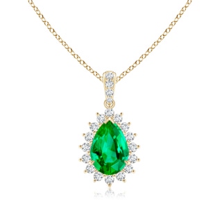 9x6mm AAA Claw-Set Pear Emerald and Diamond Floral Pendant in Yellow Gold