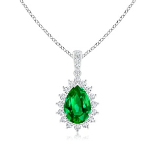 9x6mm AAAA Claw-Set Pear Emerald and Diamond Floral Pendant in P950 Platinum